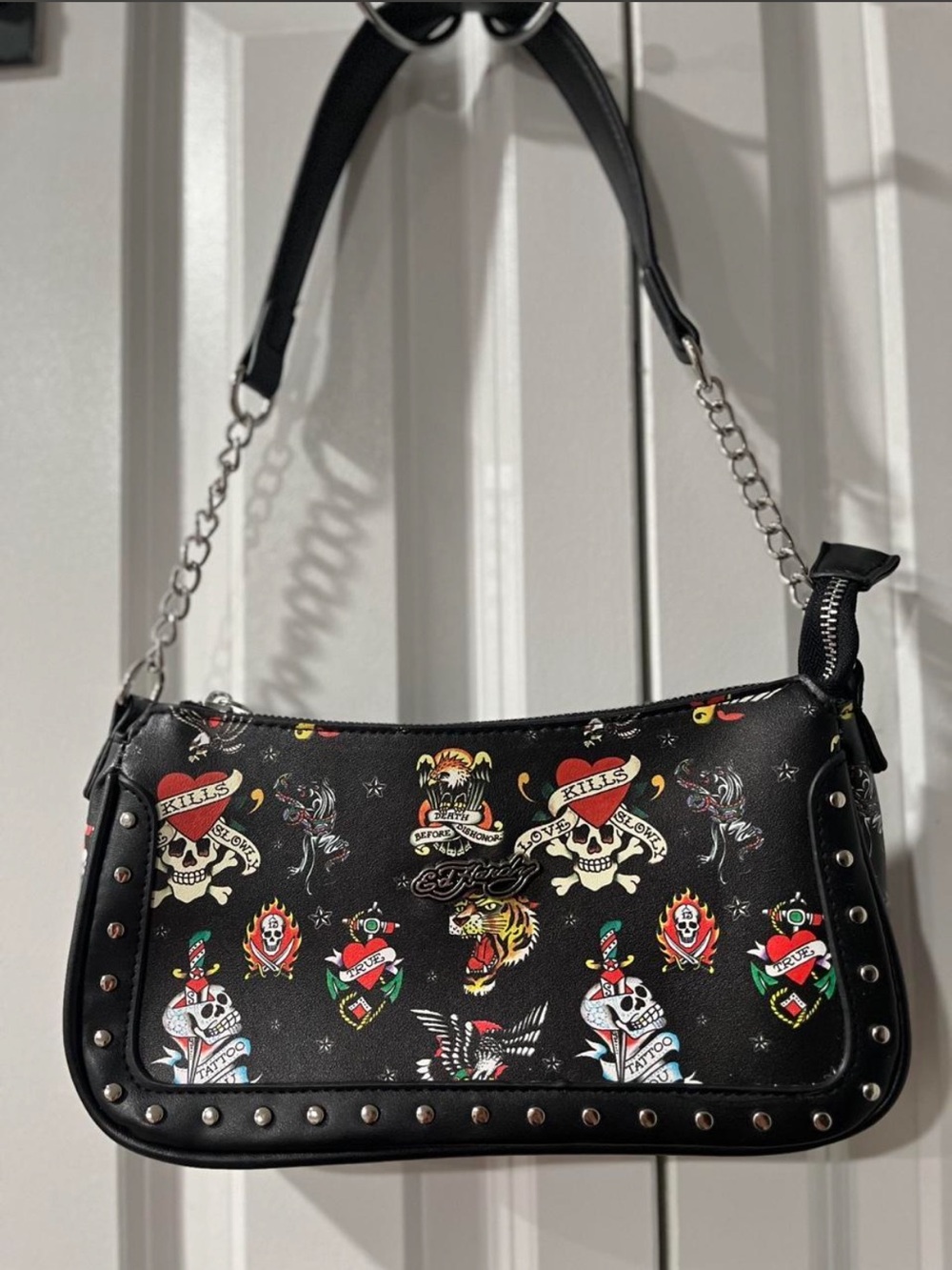 Ed Hardy Black Tattoo-Print Shoulder Bag with Silver Studs